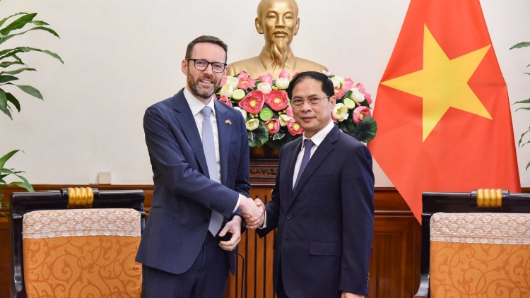 Ƀộ trưởng Ƀộ Ngoại giao ồng Bùi Thanh Sơn neh wă rò Đại sứ lơgar Anh ồng Iain Frew 