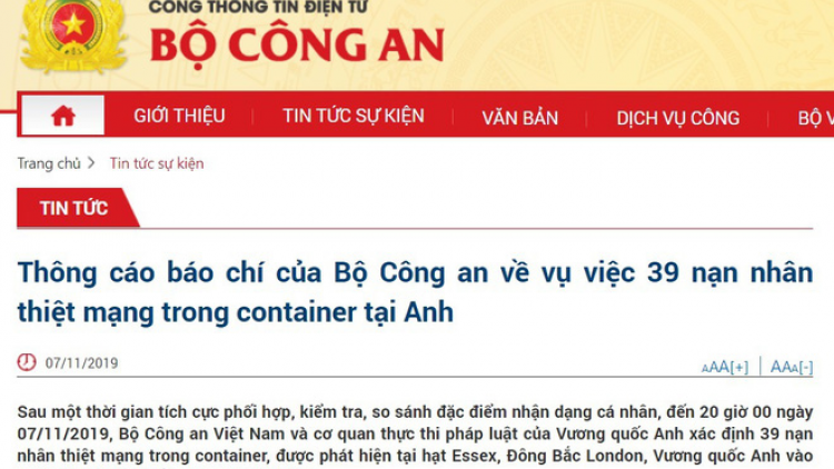 Bộ Công an nắc ơy xay moon đăh tu bhiệc 39 cha nắc lâh chệêt bil coh xe Container đhị Anh