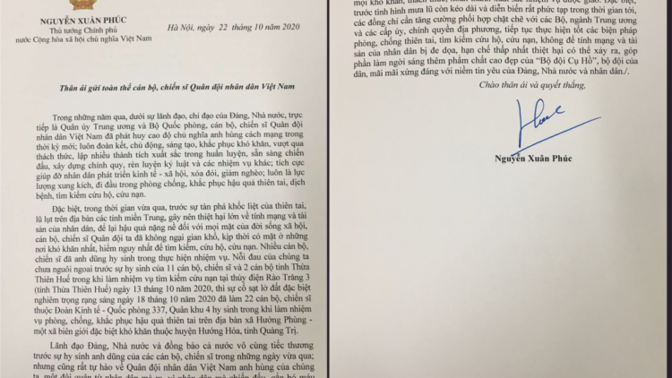 Thủ tướng Nguyễn Xuân Phúc pa gơi thư tước pa zêng cán bộ, chiến sĩ Quân đội nhân dân Việt Nam