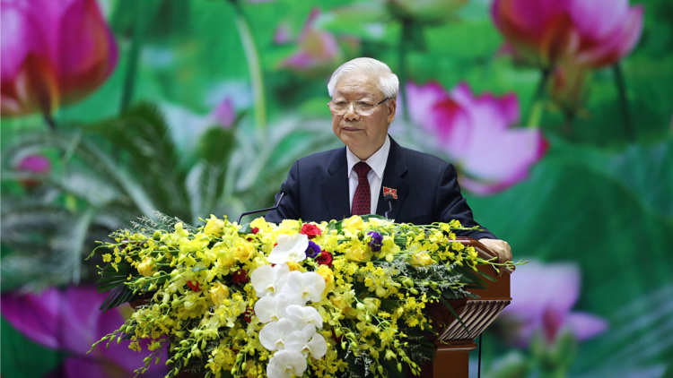 Tổng Bí thư, Chủ tịch lơgar, ồng Nguyễn Phú Trọng tus bal mờ đơs đơng lam pơrjum cau ala mat Đảng bộ Ling klàng dơ\ 11