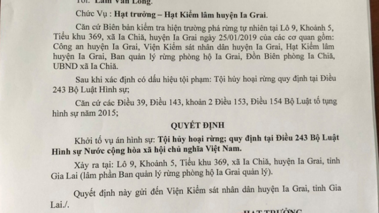 Gia Lai: Khởi tố vụ án phá gần 5ha rừng trên biên giới