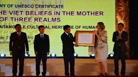 Bh’rợ đương đớp bằng UNESCO xay moon: bhrợ têng j’niêng cr’bưn bhuốih Mẫu Tam Phủ nắc c’cir văn hoá phi vật thể p’cắh mặt đoọng ha acoon manuyh