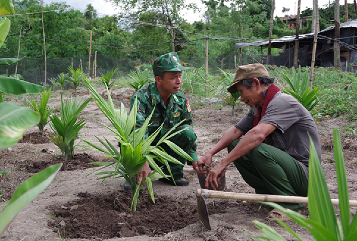 Cán bộ Đồn Biên phòng Dục Nông hướng dẫn người dân chăm sóc cây cau. Ảnh: Văn Lý