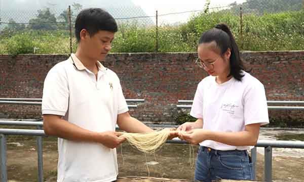 Anh Vũ Quang Hưng, Phó Giám đốc HTX Hưng Hiền giới thiệu với khách hàng về quy trình làm miến.