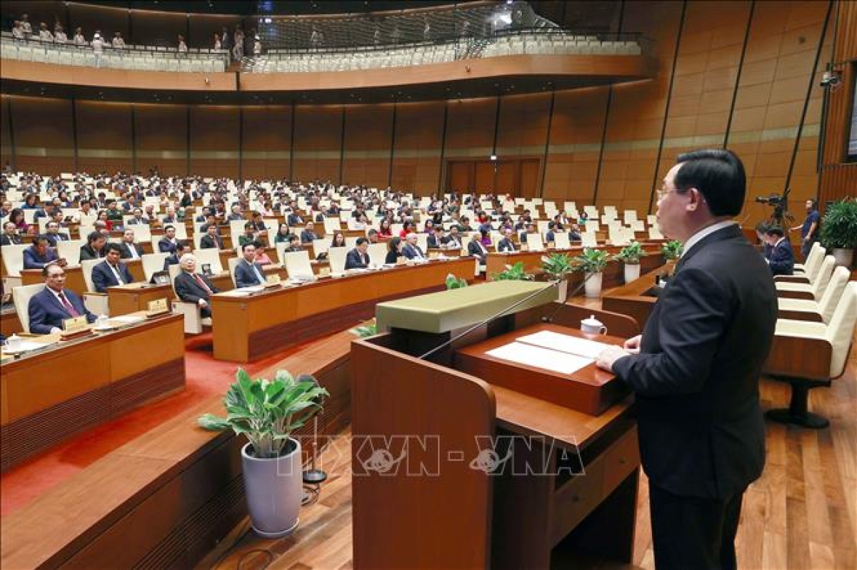 Chủ tịch Quốc hội Vương Đình Huệ phát biểu tại phiên bế mạc Kỳ họp thứ 5, Quốc hội khóa XV.
(Ảnh: Doãn Tấn/TTXVN)