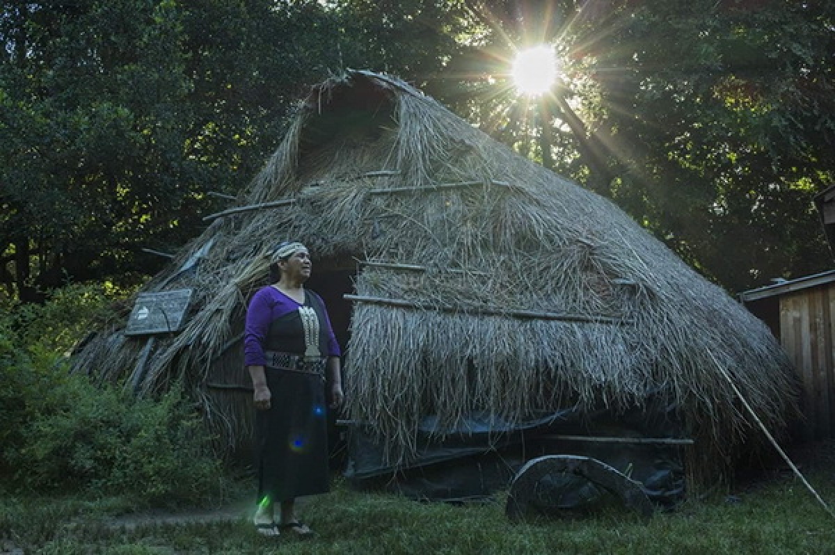 Phụ nữ Mapuche trước ngôi nhà lá truyền thống của họ