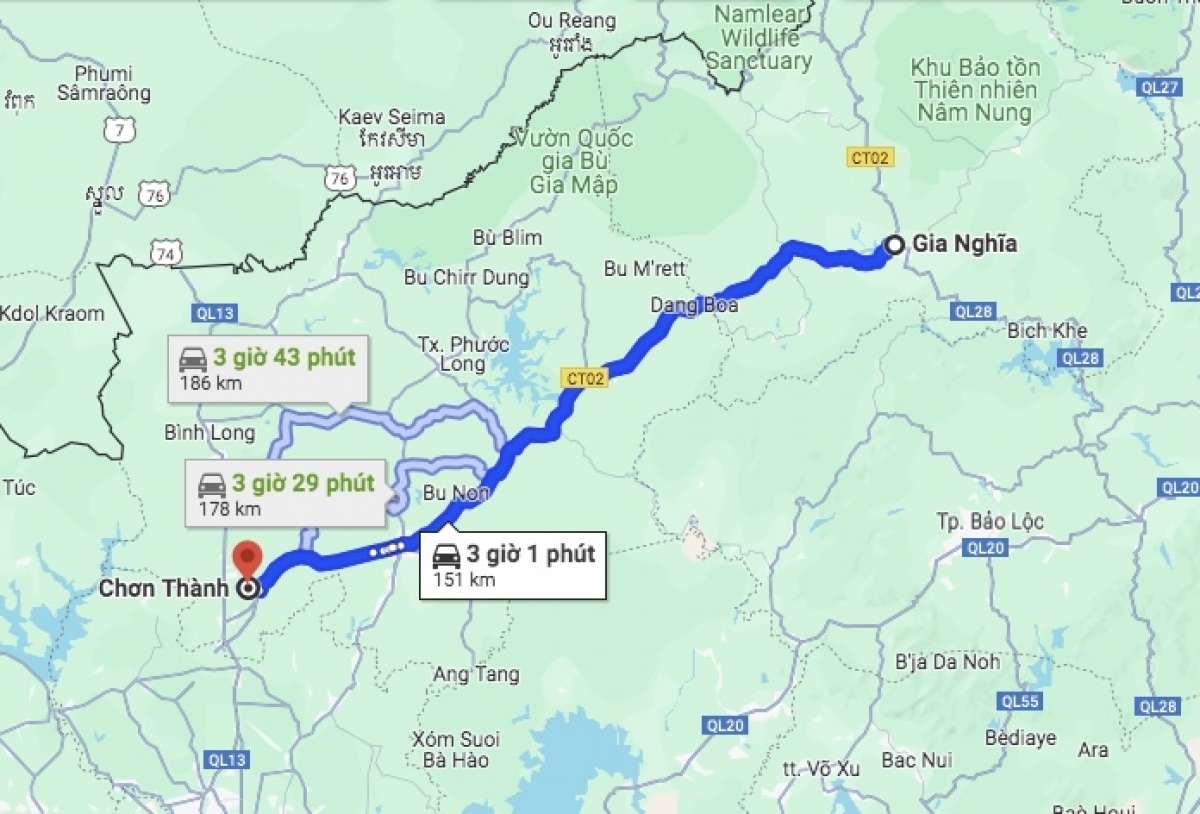 Troăng Gia Nghĩa (Dak Nông) – Chơn Thành (Bình Phước) nôkố prôk tiô troăng kân 14 ƀă ki xŏn dâng 151km