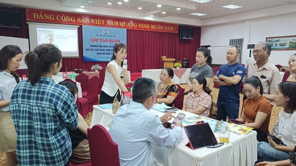 Một lớp học dạy cách bán hàng trên mạng cho các hợp tác xã do Liên minh Hợp tác xã tỉnh Đắk Lắk tổ chức để giúp các chủ thể hợp tác xã biết ứng dụng mạng xã hội để bán hàng.
Ảnh: Nam Trang/VOV Tây Nguyên.