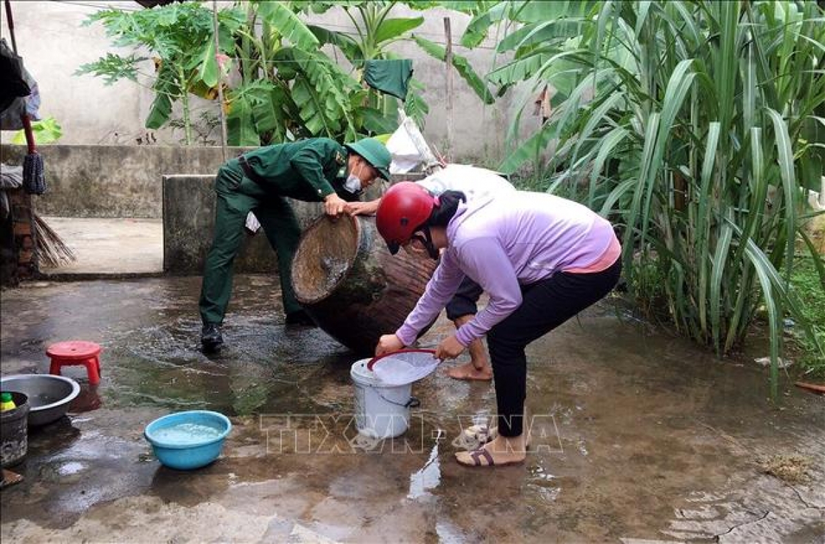 Bộ đội giúp người dân diệt bọ gậy phòng ngừa dịch bệnh sốt xuất huyết.
Ảnh tư liệu: Trung Hiếu/TTXVN