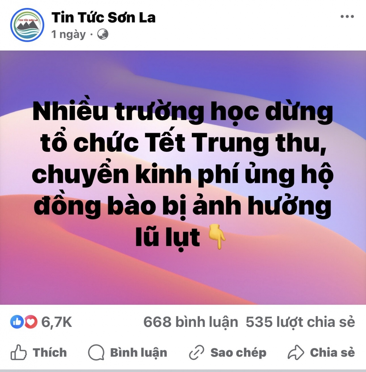 Thông báo về việc nhiều trường học và nhiều địa phương ở Sơn La dừng tổ chức trung thu, dành nguồn lực hỗ trợ người dân vùng thiên tai