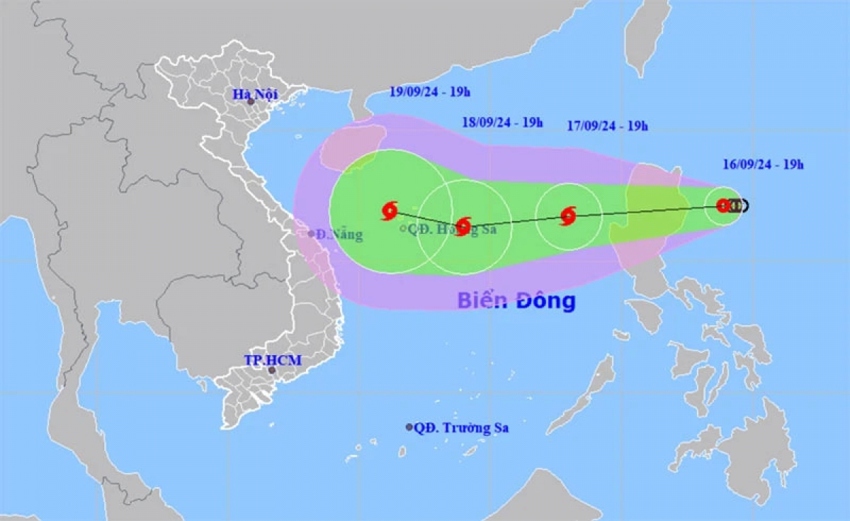 Dự báo vị trí và hướng di chuyển của áp thấp nhiệt đới lúc 19 giờ. (Nguồn: nchmf.gov.vn)