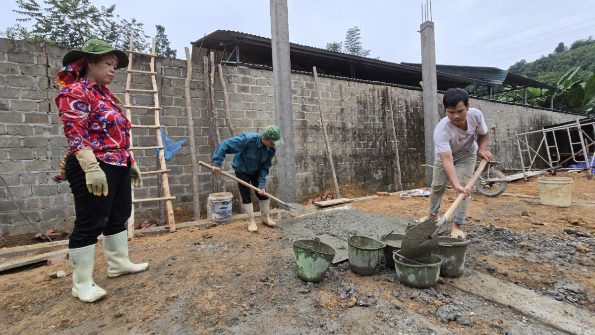 Anh Lục Văn Thiêm (áo trắng) đang xây nhà mới trên phần đất nông nghiệp của bố mẹ để lại