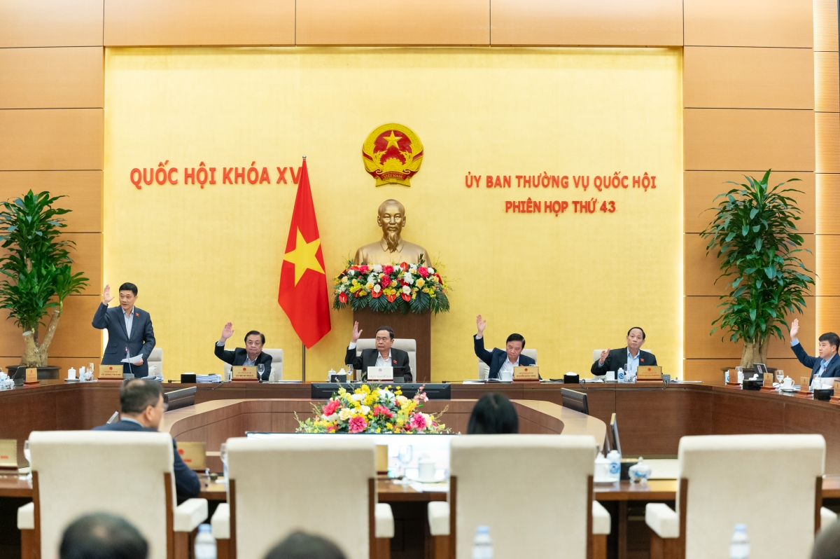 100% thành viên Ủy ban Thường vụ Quốc hội có mặt biểu quyết tán thành đồng ý cho Chính phủ ban hành Nghị định quy định việc giảm tiền thuê đất năm 2024. Ảnh: Quochoi.vn