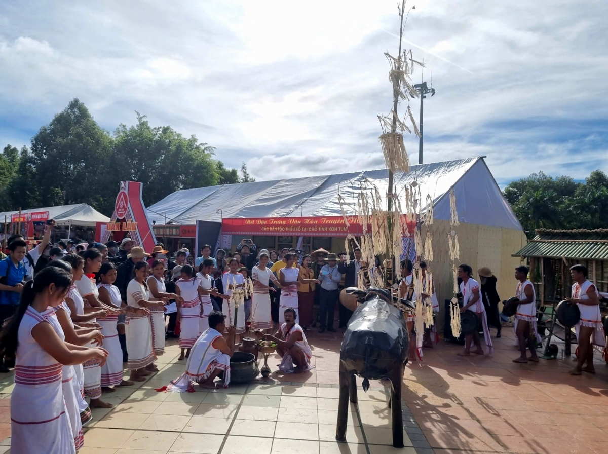 Các dân tộc ở Tây Nguyên đều có bài múa truyền thống, gắn với lễ hội, tiếng chiêng và rượu cần. Trong ảnh là điệu múa của người Rơ Măm (tỉnh Kon Tum cũ) trong Lễ cúng mở kho lúa