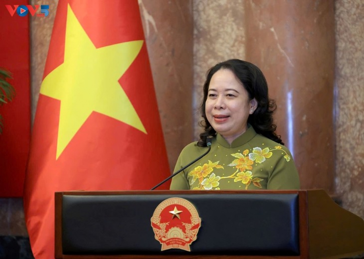 Phó Chủ tịch nước Võ Thị Ánh Xuân phát biểu tại buổi gặp mặt. Ảnh: Việt Cường/VOV