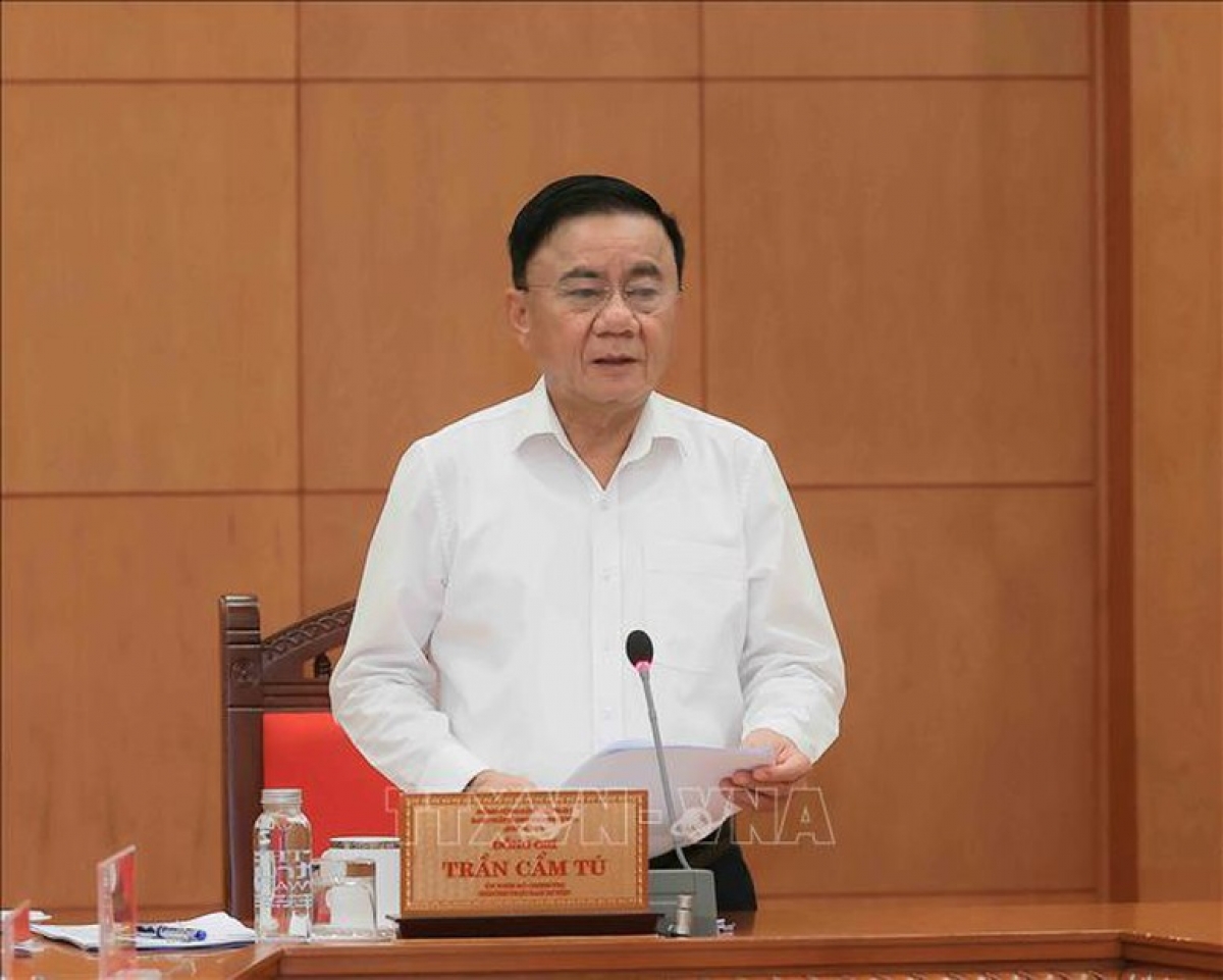 Đồng chí Trần Cẩm Tú, Uỷ viên Bộ Chính trị, Thường trực Ban Bí thư phát biểu chỉ đạo buổi làm việc - Ảnh: TTXVN