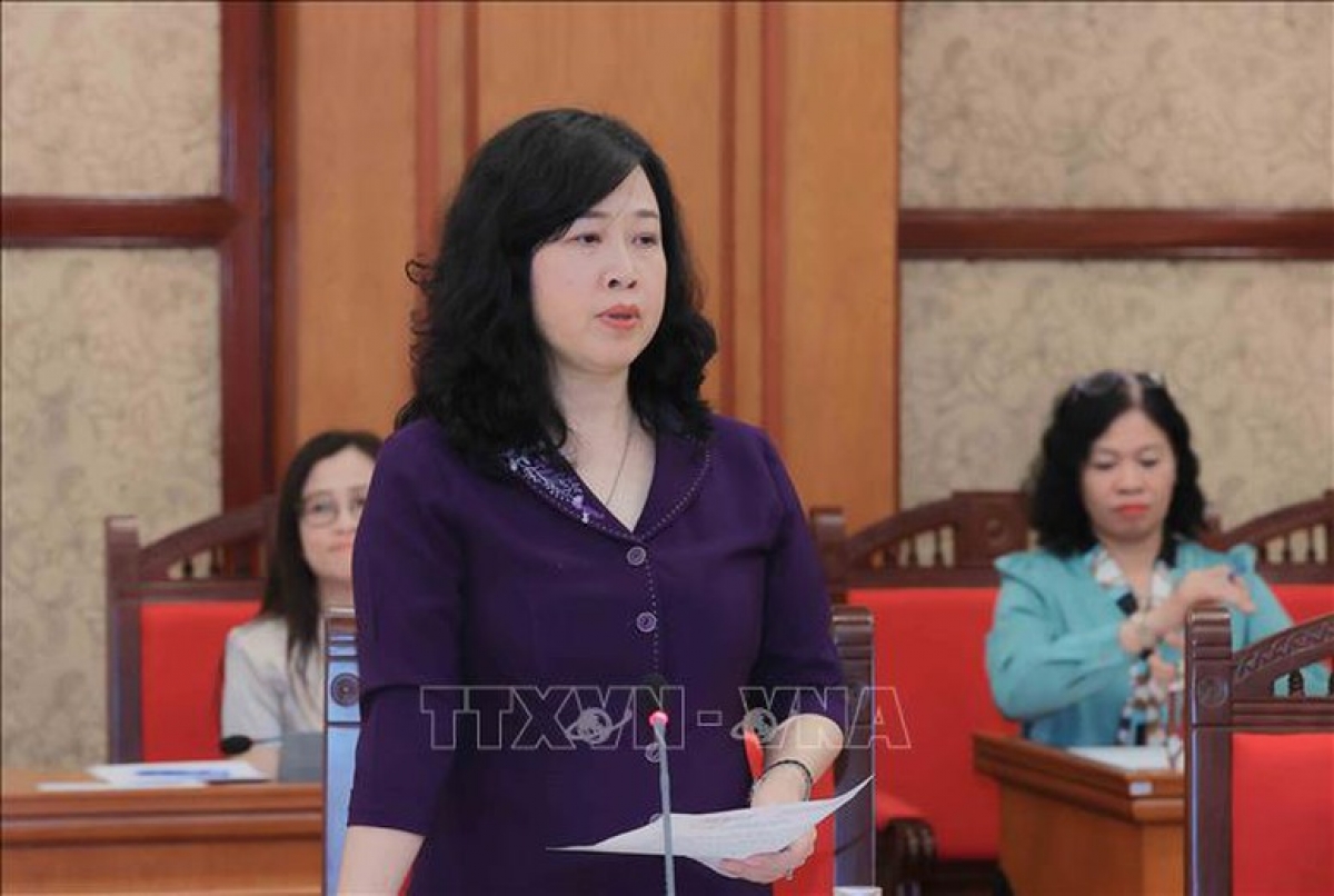 Đồng chí Đào Hồng Lan, Ủy viên Trung ương Đảng, Bộ trưởng Bộ Y tế phát biểu tại buổi làm việc - Ảnh: TTXVN