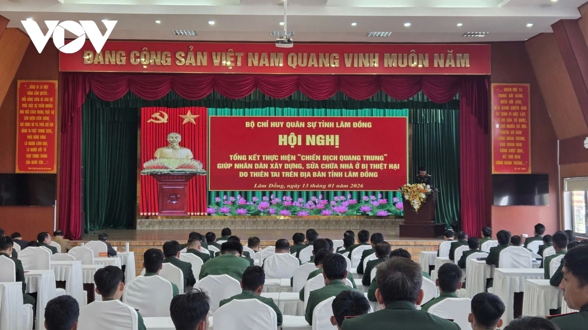 Toàn cảnh hội nghị tổng kết thực hiện Chiến dịch Quang Trung do Bộ Chỉ huy Quân sự tỉnh Lâm Đồng tổ chức sáng 13/1.