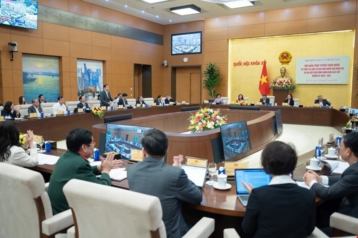 Hội nghị trực tuyến toàn quốc triển khai công tác bầu cử đại biểu Quốc hội khóa XVI và HĐND các cấp nhiệm kỳ 2026-2031, tại điểm cầu Nhà Quốc hội. Ảnh: Quốc hội