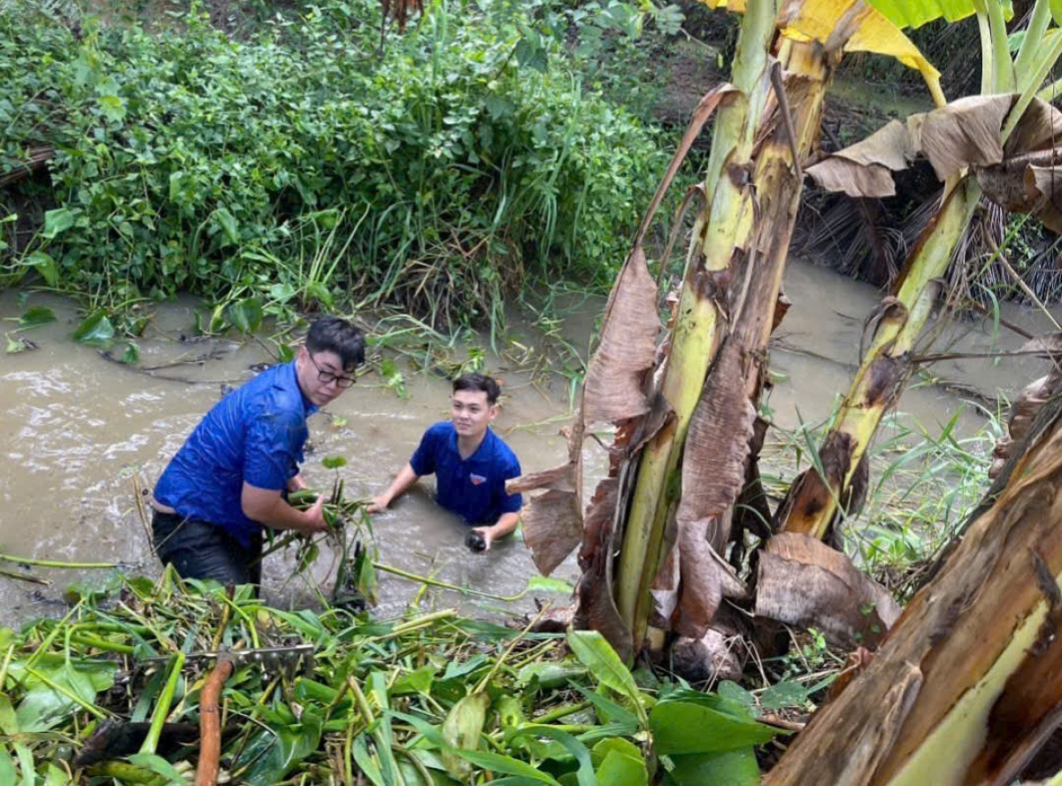 Anh Hiếu cùng với thanh niên trục vớt lục bình, cỏ rác dưới kênh mương để vệ sinh môi trường