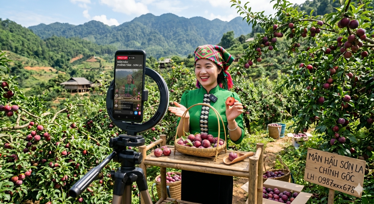 Bắt nhịp xu hướng ứng dụng nền tảng số trong tiêu thụ nông sản hiện nay, hình ảnh bà con vùng cao tự tin livestream bán hàng ngày càng trở nên phổ biến. (Ảnh minh họa bằng AI)