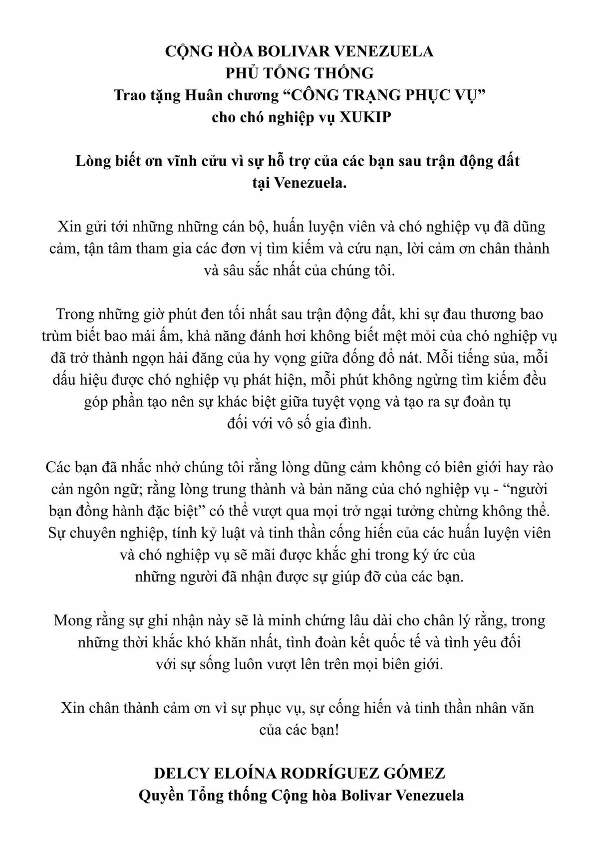 Nội dung thư cảm ơn của Tổng thống lâm thời Venezuela Delcy Rodríguez - Ảnh: Đoàn cứu hộ cung cấp.