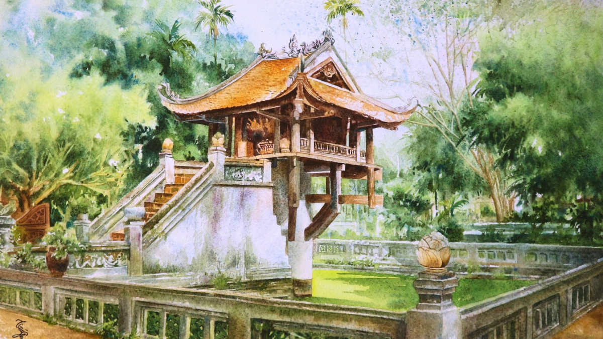 Tác phẩm "Chùa Một Cột" của hoạ sĩ Tuyền Nguyễn sẽ được trưng bày tại Triển lãm. Ảnh: Do nhân vật cung cấp
