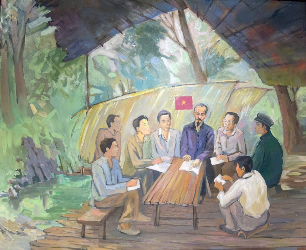 Lãnh tụ Nguyễn Ái Quốc chủ trì Hội nghị Trung ương Đảng lần thứ 8 tại Lán Khuổi Nặm, xóm Pác Bó, xã Trường Hà, tỉnh Cao Bằng (10/5-19/5/1941) (Ảnh tư liệu)