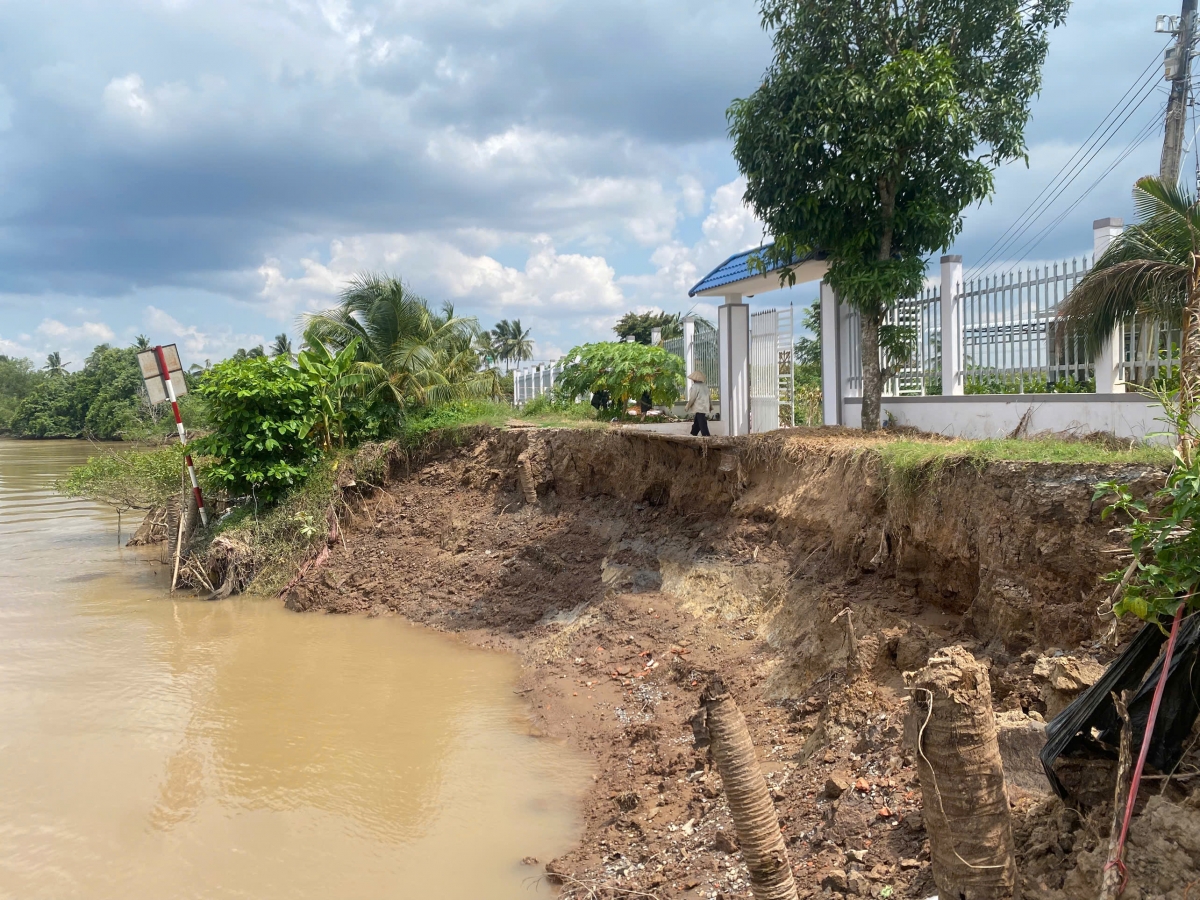 Đoạn sạt lở dài hàng chục mét đã cuốn sập tuyến đường giao thông nông thôn, đe dọa an toàn vùng đê bao khép kín