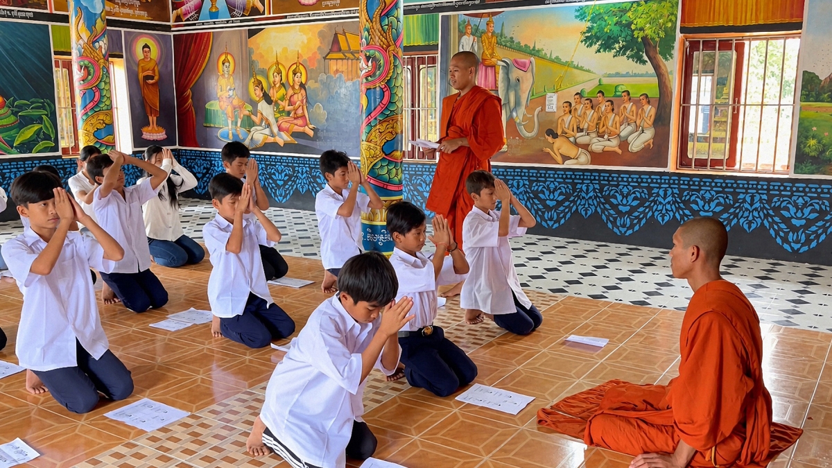 Trẻ em Khmer được học cách chắp tay bái nhà sư hoặc những người đặc biệt tôn kính từ khi vào chùa học chữ (Ảnh: Thạch Trà Vinh-VOV ĐBSCL)