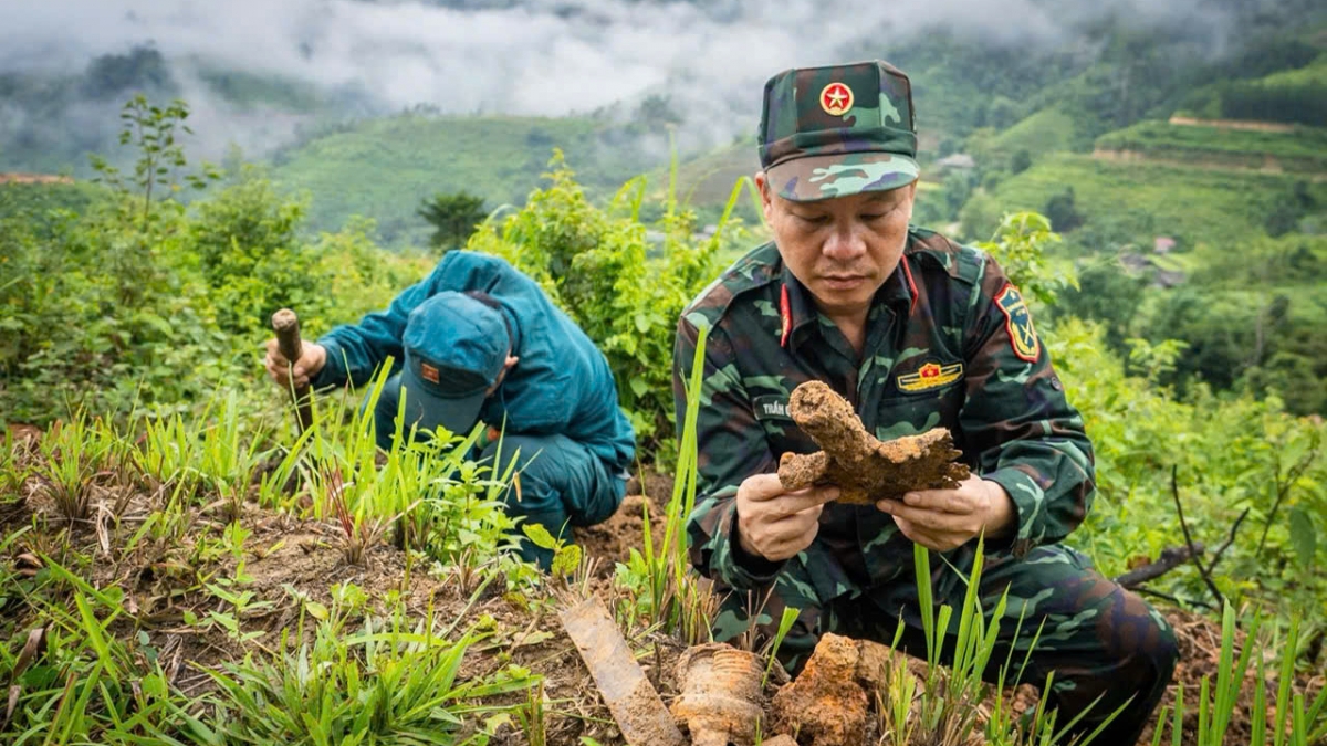 Cán bộ, chiến sĩ Đội tìm kiếm, quy tập hài cốt liệt sĩ kiểm tra, thu thập các di vật được phát hiện. Ảnh: Đội tìm kiếm, quy tập hài cốt liệt sĩ, BCHQS tỉnh Tuyên Quang.