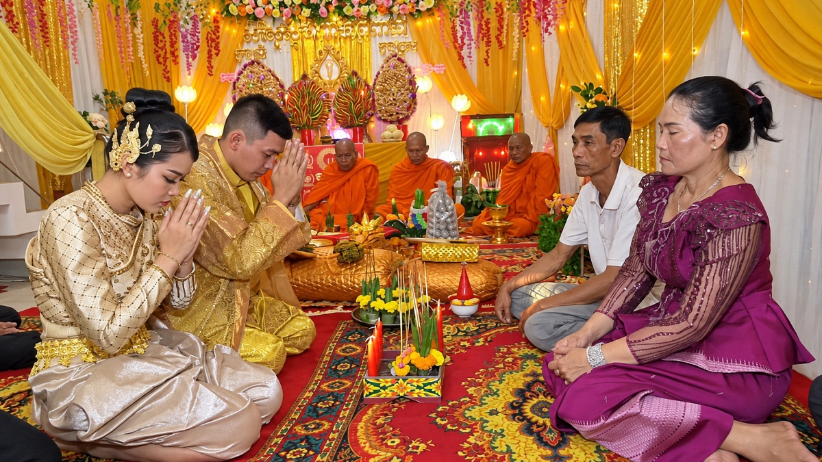 Cô dâu - chú rễ bái tạ ơn cha mẹ hai bên trước khi chính thức lấy nhau (Ảnh: Thạch Trà Vinh-VOV ĐBSCL)