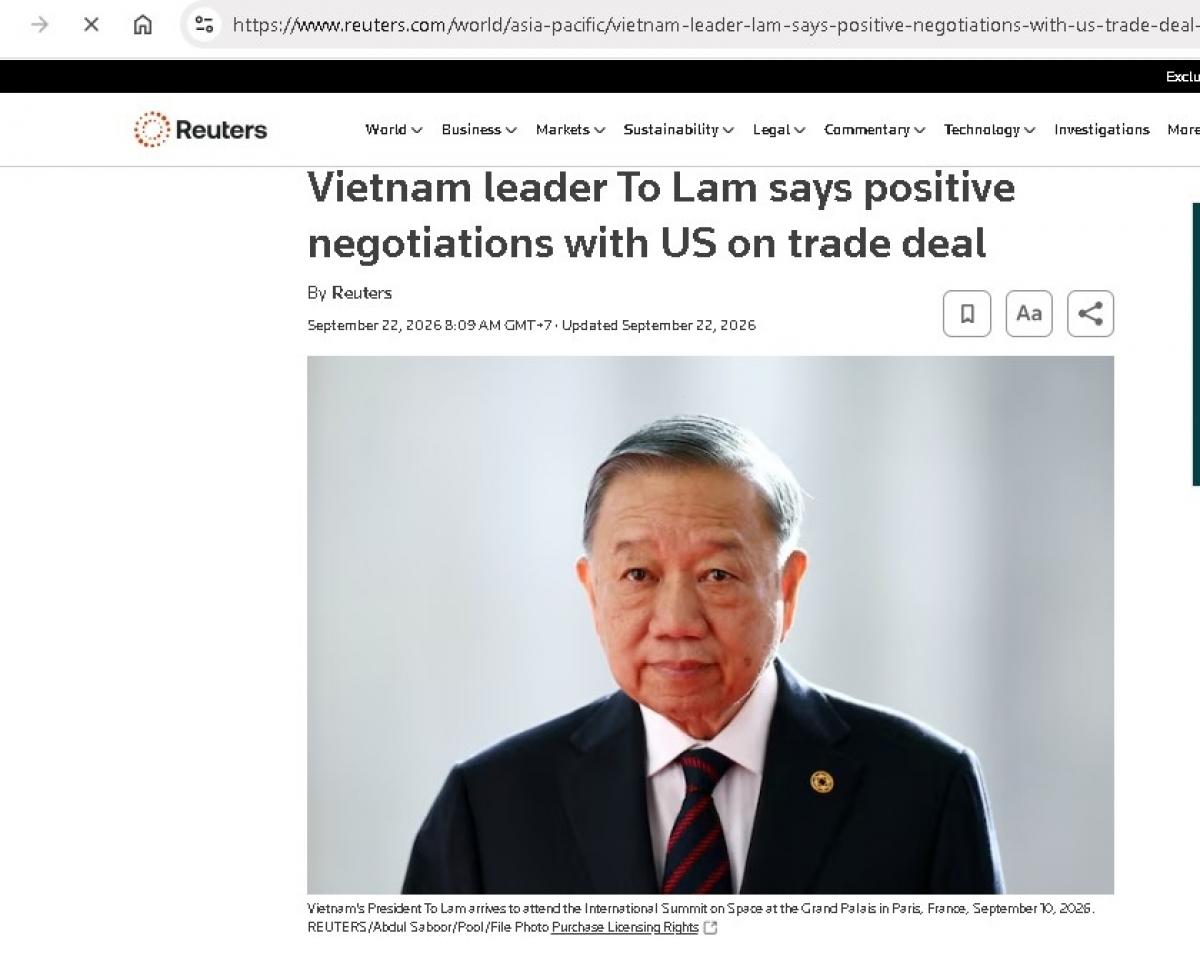 Hãng tin Reuters đưa tin về các hoạt động của Tổng bí thư, Chủ tịch nước Tô Lâm bên lề Phiên họp chung cấp cao Đại hội đồng Liên hợp quốc khoá 81