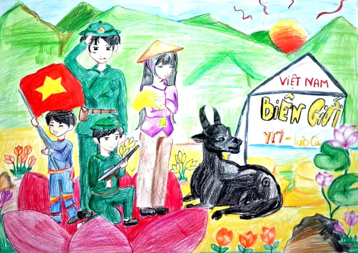 Tranh vẽ của học sinh Trường phổ thông dân tộc nội trú Tiểu học và Trung học cơ sở Y Tý về chung tay bảo vệ đường biên, cột mốc (Ảnh: Quốc Hồng)