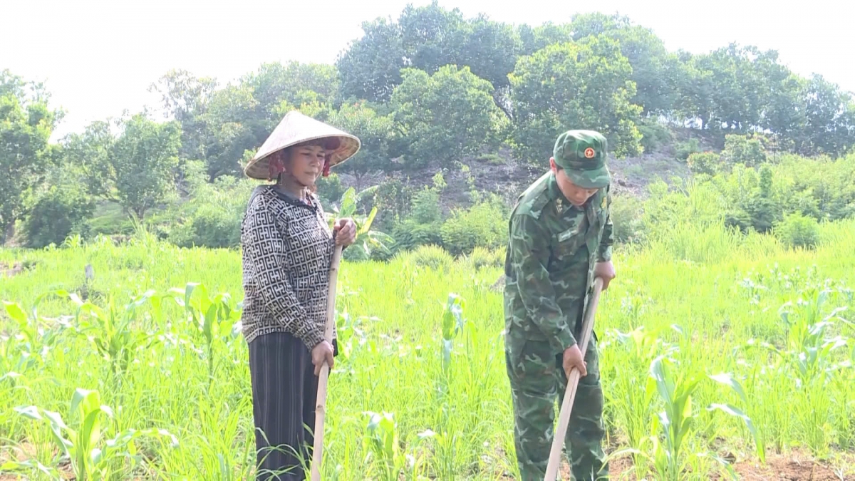 Lực lượng chức năng giúp hộ gia đình chị Hi Kri, dân tộc H’rê, hộ nghèo ở làng Bi, xã Ia Dom, tỉnh Gia Lai cải tạo vườn tược. (Ảnh: Hoàng Qui)
