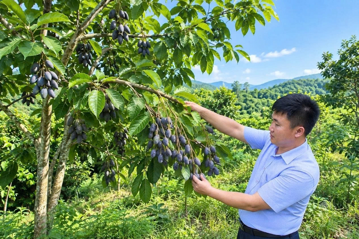 Anh Bàn Văn Chiến phát triển mô hình trồng trám đen ghép, kết hợp cây dược liệu dưới tán để nâng cao hiệu quả sử dụng đất, tăng thu nhập. (Ảnh: Công Luận)
