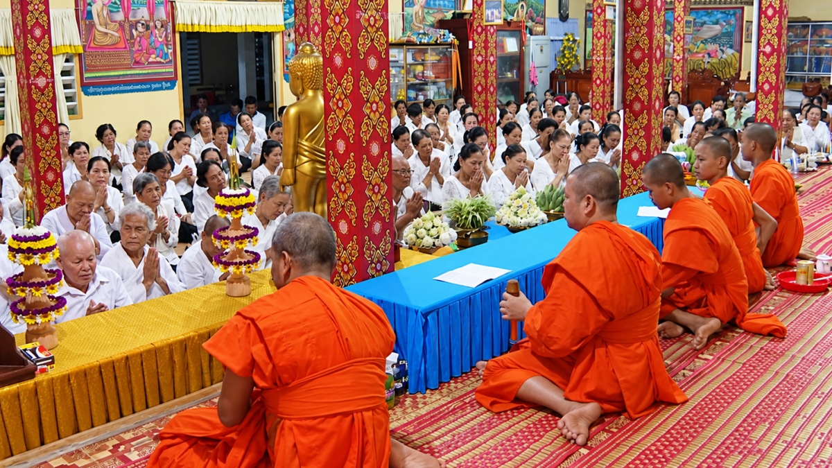Phật tử đảnh lễ và nghe nhà sư tụng kinh Parabhava Sutta (kinh bại vong) trước khi tiến hành lễ đặt cơm vắt (Ảnh: Thạch Trà Vinh)