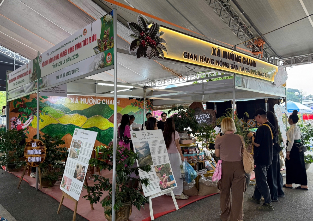 Từ cây cà phê, quả cà phê đến các sản phẩm mang thương hiệu Arabica Sơn La được giới thiệu, quảng bá.
Ảnh: Lê Hạnh/VOV Tây Bắc
