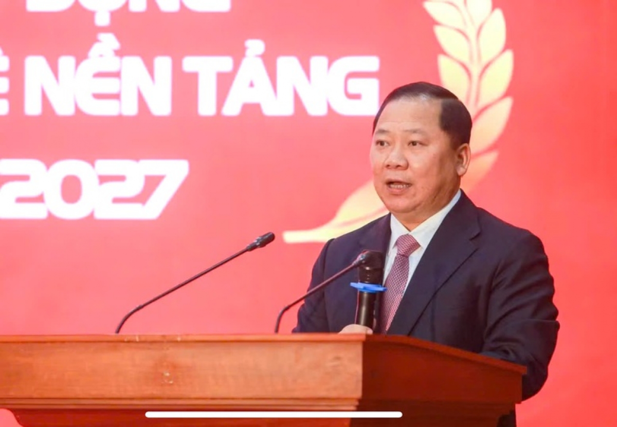 Ông Nguyễn Phi Long, Phó Bí thư Thường trực Đảng ủy MTTQ, các đoàn thể Trung ương, Phó Chủ tịch Ủy ban Trung ương MTTQ Việt Nam phát biểu tại buổi lễ - Ảnh: chinhphu.vn/Toàn Thắng