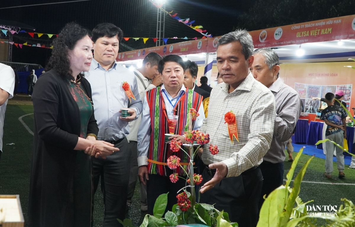 Lãnh đạo tỉnh Quảng Ngãi thăm quan các gian hàng trưng bày sâm Ngọc Linh. Ảnh: Ngọc Chí